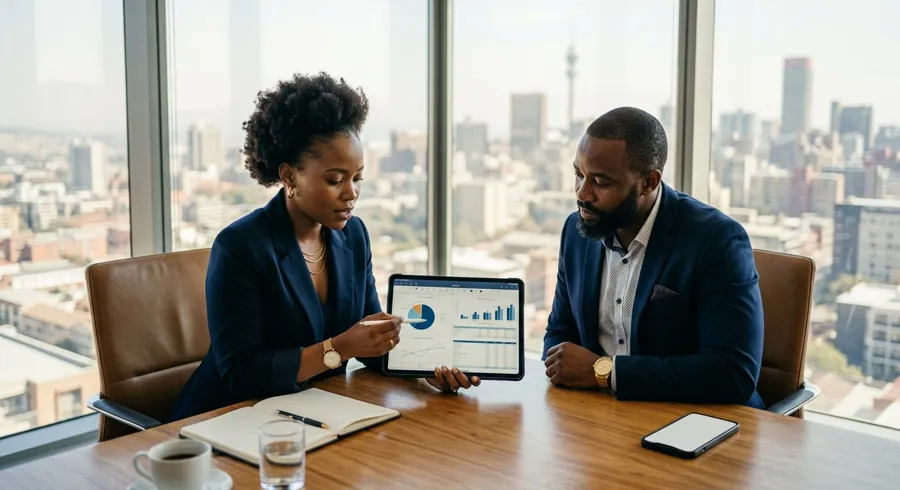 Advisers reviewing financial statements together