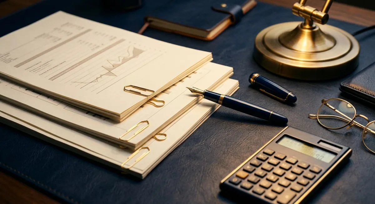 Financial reports, a fountain pen and calculator on a desk