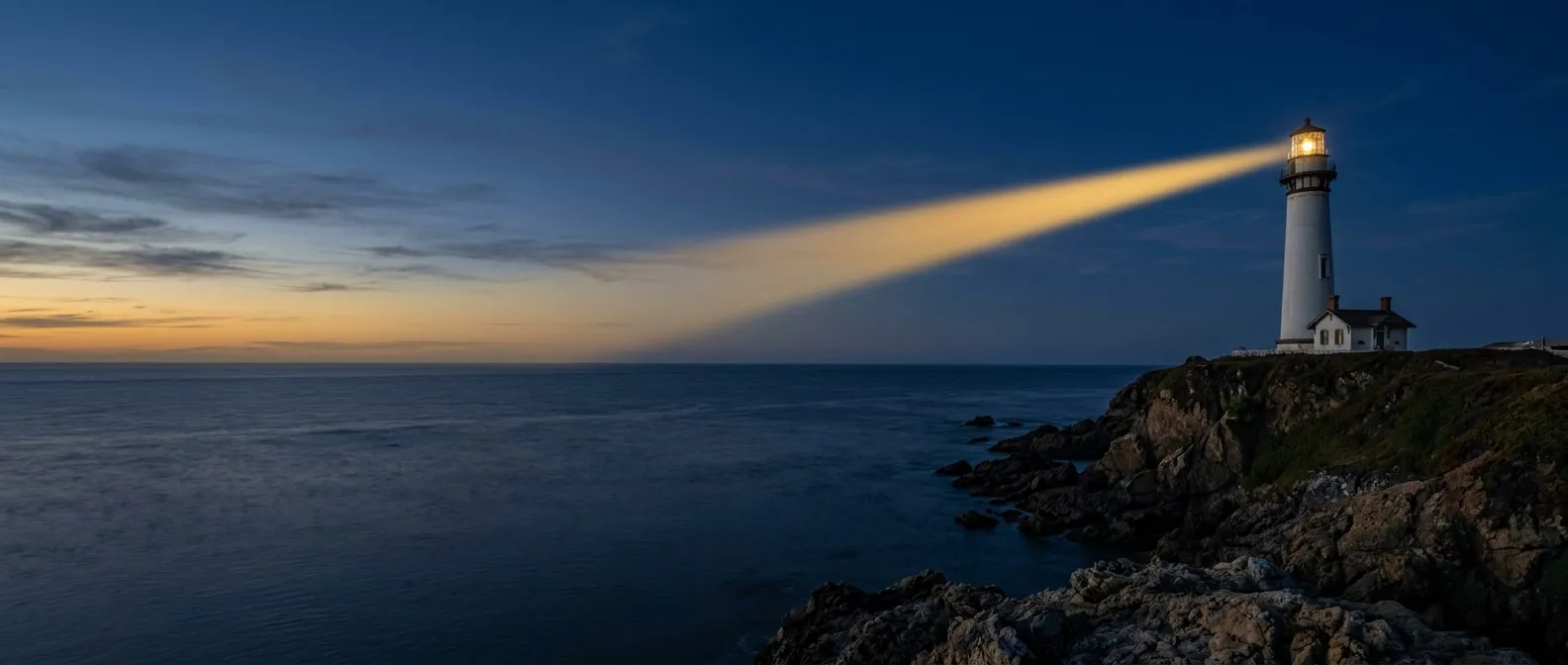 A lighthouse casting a golden beam across a calm sea at dusk